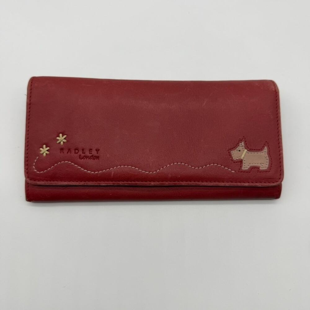 Radley London Red Leather Flap Wallet Scottie Dog Applique Long Checkbook Purse